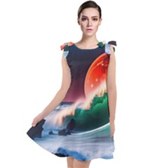 Sea Ocean Waves Rocks Sunset Artwork Tie Up Tunic Dress by Jancukart