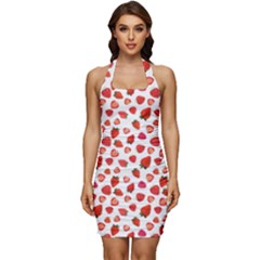 Watercolor Strawberry Sleeveless Wide Square Neckline Ruched Bodycon Dress by SychEva