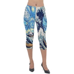 The Great Wave Of Kanagawa Painting Starry Night Van Gogh Lightweight Velour Capri Leggings  by Sudheng