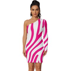 Pink Fucsia Zebra Vibes Animal Print Long Sleeve One Shoulder Mini Dress by ConteMonfrey