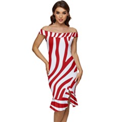 Red Zebra Vibes Animal Print  Off Shoulder Ruffle Split Hem Bodycon Dress by ConteMonfrey