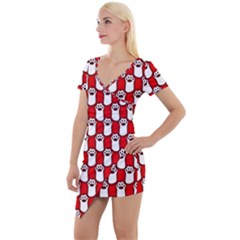 Red And White Cat Paws Short Sleeve Asymmetric Mini Dress by ConteMonfrey