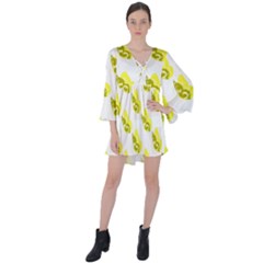 Yellow Butterflies On Their Own Way V-neck Flare Sleeve Mini Dress by ConteMonfrey