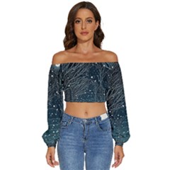 Snow Christmas Starry Night Long Sleeve Crinkled Weave Crop Top by Simbadda