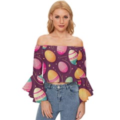 Easter Eggs Egg Off Shoulder Flutter Bell Sleeve Top by Ravend