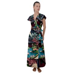 Japanese Garden Flowers Landscape Flutter Sleeve Maxi Dress