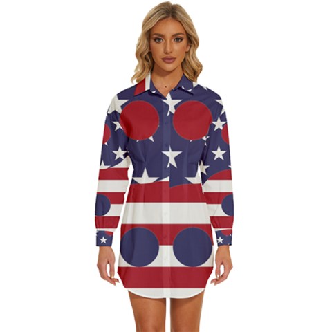 Yang Yin America Flag Abstract Art Asian Balance Womens Long Sleeve Shirt Dress by Wegoenart