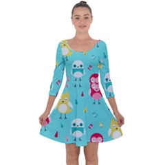 Owls Owl Bird Cute Animal Art Vector  Pattern Colorful Quarter Sleeve Skater Dress by Salman4z