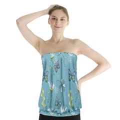 Butterflies Flowers Blue Background Spring Pattern Strapless Top by Ravend