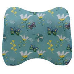 Butterflies Flowers Blue Background Spring Pattern Velour Head Support Cushion by Ravend