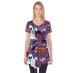 Pumpkin Ghost Witch Hat Halloween Sketch Holiday Short Sleeve Tunic  by Ravend