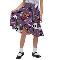 Pumpkin Ghost Witch Hat Halloween Sketch Holiday Kids  Ruffle Flared Wrap Midi Skirt by Ravend