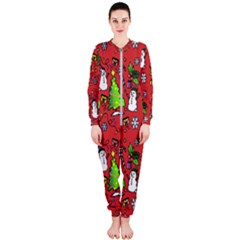 Santa Snowman Gift Holiday Christmas Cartoon Onepiece Jumpsuit (ladies) by Ravend