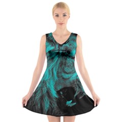 Angry Male Lion Predator Carnivore V-neck Sleeveless Dress by Salman4z