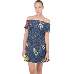 Cat Cosmos Cosmonaut Rocket Off Shoulder Chiffon Dress by Salman4z