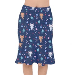 Cute Astronaut Cat With Star Galaxy Elements Seamless Pattern Short Mermaid Skirt by Salman4z