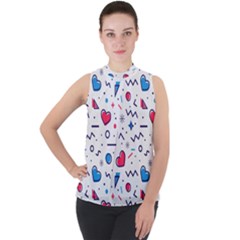 Hearts Seamless Pattern Memphis Style Mock Neck Chiffon Sleeveless Top by Salman4z