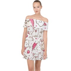 Cute Animal Seamless Pattern Kawaii Doodle Style Off Shoulder Chiffon Dress by Salman4z