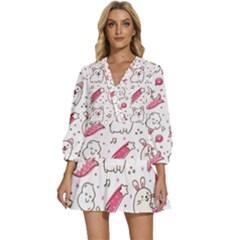 Cute Animal Seamless Pattern Kawaii Doodle Style V-neck Placket Mini Dress by Salman4z