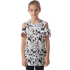 Seamless-pattern-with-black-white-doodle-dogs Fold Over Open Sleeve Top by Salman4z