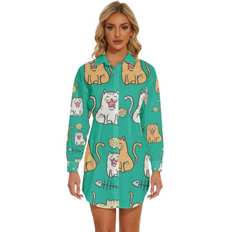 Seamless-pattern-cute-cat-cartoon-with-hand-drawn-style Womens Long Sleeve Shirt Dress by Salman4z