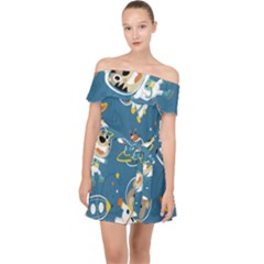 Seamless-pattern-funny-astronaut-outer-space-transportation Off Shoulder Chiffon Dress by Salman4z