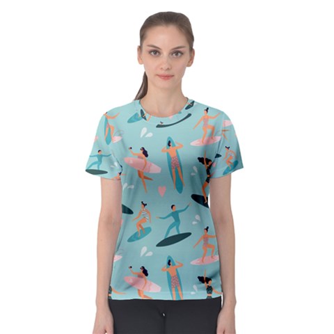 Beach-surfing-surfers-with-surfboards-surfer-rides-wave-summer-outdoors-surfboards-seamless-pattern- Women s Sport Mesh Tee by Salman4z