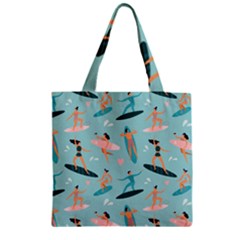 Beach-surfing-surfers-with-surfboards-surfer-rides-wave-summer-outdoors-surfboards-seamless-pattern- Zipper Grocery Tote Bag by Salman4z