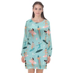 Beach-surfing-surfers-with-surfboards-surfer-rides-wave-summer-outdoors-surfboards-seamless-pattern- Long Sleeve Chiffon Shift Dress  by Salman4z