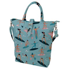 Beach-surfing-surfers-with-surfboards-surfer-rides-wave-summer-outdoors-surfboards-seamless-pattern- Buckle Top Tote Bag by Salman4z