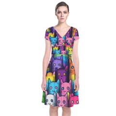 Cats Rainbow Pattern Colorful Feline Pets Short Sleeve Front Wrap Dress by Ravend