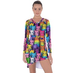 Cats Rainbow Pattern Colorful Feline Pets Asymmetric Cut-out Shift Dress by Ravend