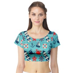 Seamless-pattern-nautical-icons-cartoon-style Short Sleeve Crop Top by Salman4z