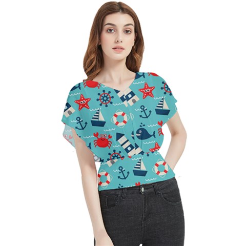 Seamless-pattern-nautical-icons-cartoon-style Butterfly Chiffon Blouse by Salman4z