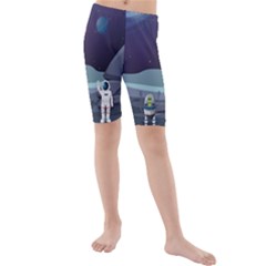 Alien-astronaut-scene Kids  Mid Length Swim Shorts by Salman4z