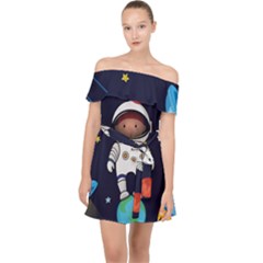 Boy-spaceman-space-rocket-ufo-planets-stars Off Shoulder Chiffon Dress by Salman4z