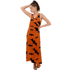 Halloween-card-with-bats-flying-pattern V-neck Chiffon Maxi Dress by Salman4z