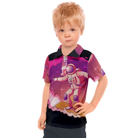 Astronaut-spacesuit-standing-surfboard-surfing-milky-way-stars Kids  Polo Tee by Salman4z