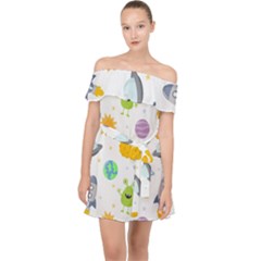 Seamless-pattern-cartoon-space-planets-isolated-white-background Off Shoulder Chiffon Dress by Salman4z