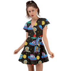 Seamless-pattern-with-space-objects-ufo-rockets-aliens-hand-drawn-elements-space Flutter Sleeve Wrap Dress by Salman4z