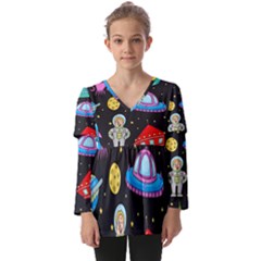 Seamless-pattern-with-space-objects-ufo-rockets-aliens-hand-drawn-elements-space Kids  V Neck Casual Top by Salman4z