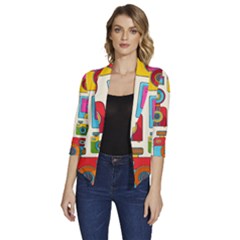 Retro-cameras-audio-cassettes-hand-drawn-pop-art-style-seamless-pattern Women s Draped Front 3/4 Sleeve Shawl Collar Jacket by Salman4z