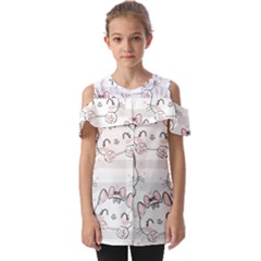 Cat-with-bow-pattern Fold Over Open Sleeve Top by Salman4z