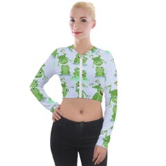 Cute-green-frogs-seamless-pattern Long Sleeve Cropped Velvet Jacket by Salman4z