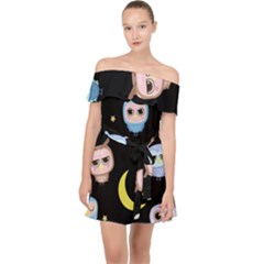 Cute-owl-doodles-with-moon-star-seamless-pattern Off Shoulder Chiffon Dress by Salman4z