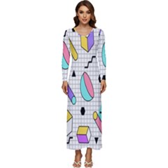 Tridimensional-pastel-shapes-background-memphis-style Long Sleeve Longline Maxi Dress by Salman4z