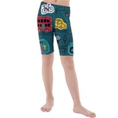 Seamless-pattern-hand-drawn-with-vehicles-buildings-road Kids  Mid Length Swim Shorts by Salman4z