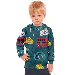 Seamless-pattern-hand-drawn-with-vehicles-buildings-road Kids  Hooded Pullover by Salman4z