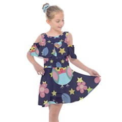 Owl-stars-pattern-background Kids  Shoulder Cutout Chiffon Dress by Salman4z