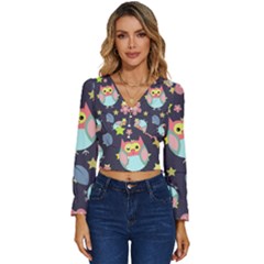 Owl-stars-pattern-background Long Sleeve V-neck Top by Salman4z